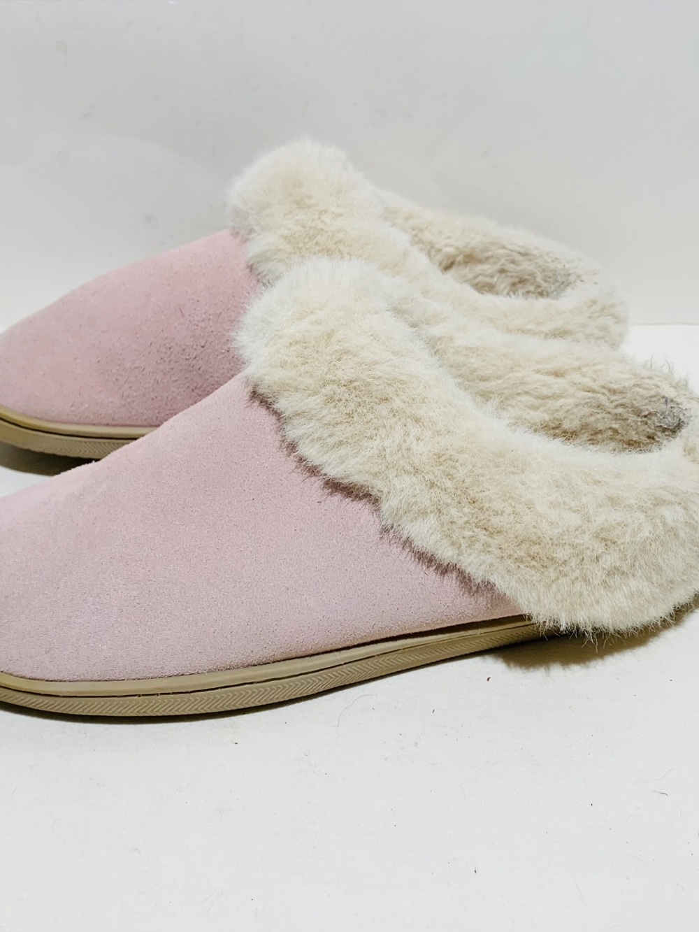 My Pillow Pink Faux-Suede Slipper with Cream Faux-Fur Collar Sz 10